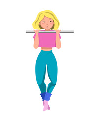 Athletic girl pulls up on the crossbar. Flat vector illustration for a sports Studio on a white background.
