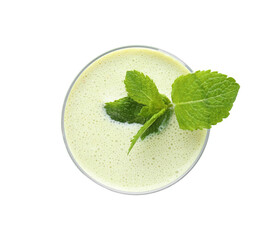 Tasty milk shake with mint isolated on white, top view