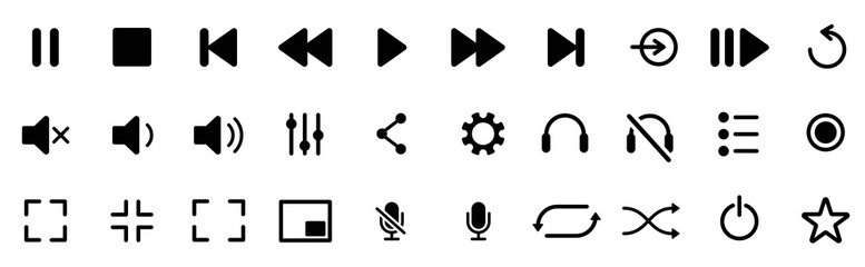Media player icons set. Collection of multimedia symbols and audio, music speaker volume, interface, design media player buttons. Play, pause, stop, record, forward, rewind. Vector illustration