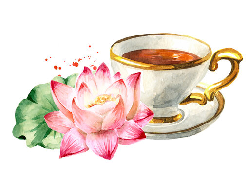 Cup of tea with Lotus. Hand drawn watercolor illustration isolated on white background