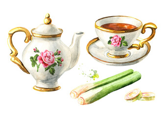 Teapot, cup of tea and Lemongrass set. Hand drawn watercolor illustration isolated on white background