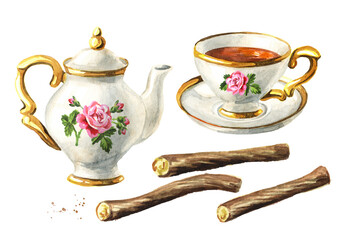 Teapot, cup of tea and Licorice set. Hand drawn watercolor illustration isolated on white background