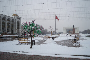 Frunze Museum, Lenin Statue and Flag during Winter at Ala Too Square in Bishkek, Kyrgyzstan