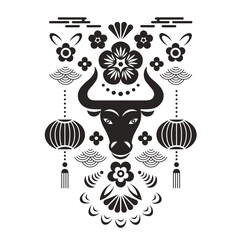 Black and white Greeting card. Chinese Happy new year. Year of the bull. Head of the bull and floral decor elements, chinese ornaments in monohrome.	
