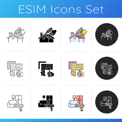 House building icons set. Roof constructing. Flooring. Furniture installation. Laminate and hardwood panels. Rooftop construction. Linear, black and RGB color styles. Isolated vector illustrations