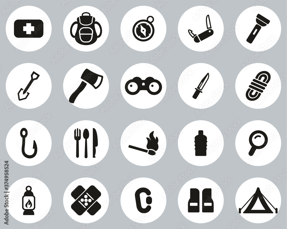 Canvas Prints Survival Kit Icons Black & White Flat Design Circle Set Big