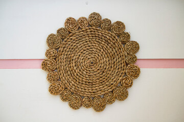 Rattan basket wall decor bohemian style. Eco friendly trendy room decoration.