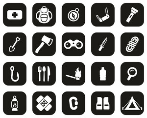 Survival Kit Icons White On Black Flat Design Set Big