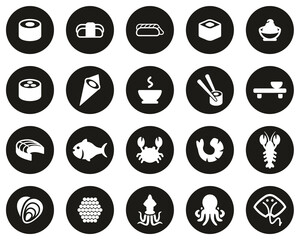 Sushi Icons White On Black Flat Design Circle Set Big