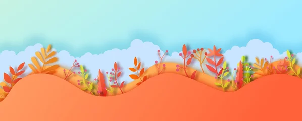 Foto op Aluminium Autumn leaves wavy border in paper cut style. Vector 3d illustration of different color leaf, with realistic shadow. Cut out of cardboards elements, decoration of autumn holiday on blue sky background © A_Y_N