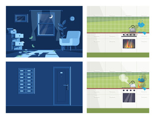 Homeplace accidents semi flat vector illustration set. Night darkly interior. Kitchen perspective with fire in oven and burning potholders 2D cartoon scenes collection for commercial use