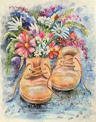 Watercolor spring, summer  flowers in an old boots. Design element.