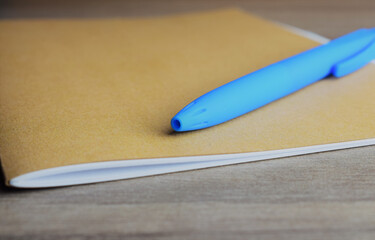 Workplace, wooden table above, blue pen on notepad