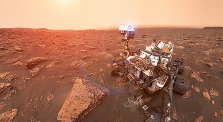 Rover on Mars surface. Exploration of red planet. Space station expedition. Perseverance 2020....