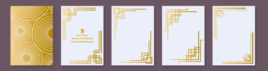 Luxury art deco greeting card and invitation templates set. Decoration geometric ornament. The gold texture on dark background. 