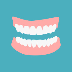 Denture icon gums with teeth or dentures isolated on green background. Dental prostheses, tooth orthopedics sign, teeth image, icon dental. Vector flat cartoon illustration.