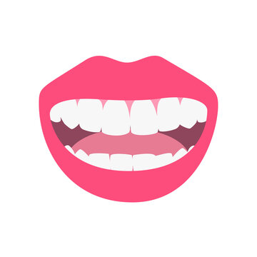 Woman laughing mouth with white teeth and lips, oral healthcare and make up model isolated on white background. Vector flat beauty smile illustration, beautiful girl smiles image