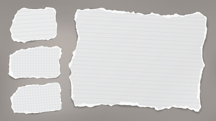 Torn of white note, notebook paper strips and pieces stuck on grey background. Vector illustration
