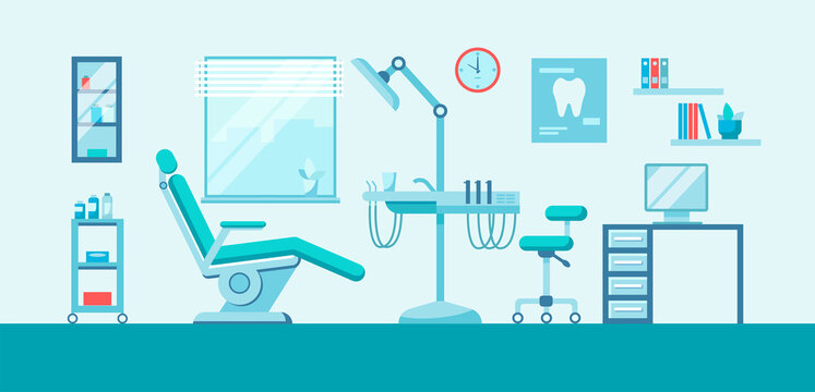 Dental room interior with dentist chair, lamp and drilling machine vector illustration. Hospital interior with dentist workplace. Dental office concept. Design  for banner, poster. Vector illustration