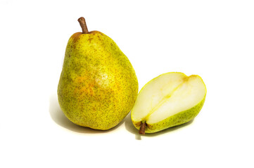 Two ripe pears after harvest on white background