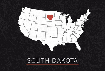 Love South Dakota Picture. Map of United States with Heart as City Point. Vector Stock Illustration