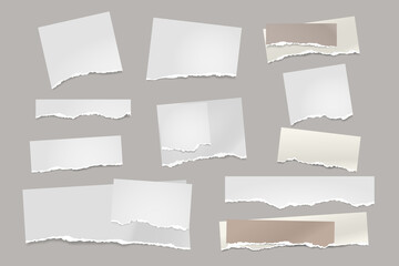 Torn of white note, notebook paper strips and pieces stuck on grey background. Vector illustration