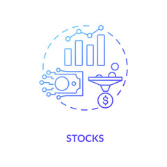 Stocks concept icon. Business investment idea thin line illustration. Purchasing shares in companies. Stock market trading, brokerage. Vector isolated outline RGB color drawing