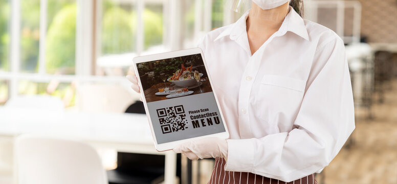 Panorama Close Up Waitress Hold Qr Code Contactless Menu Tablet