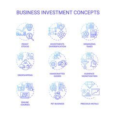 Business investment concept icons set. Financial management, economic literacy idea thin line RGB color illustrations. Investment types and tips. Vector isolated outline drawings