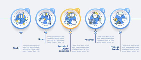 Investment types vector infographic template. Money investing opportunities presentation design elements. Data visualization with five steps. Process timeline chart. Workflow layout with linear icons