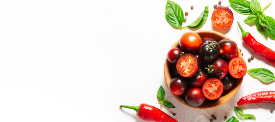 Creative flat lay overhead of bright  ripe vegetables and herbs on white background. Long banner format. Template culinary blog social media. Cook book cover.