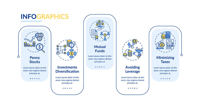 Business investment tips vector infographic template. Capital management presentation design elements. Data visualization with five steps. Process timeline chart. Workflow layout with linear icons