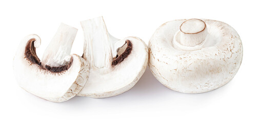 Fresh champignon mushrooms, isolated on white background. Edible mushrooms close up.