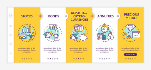 Investment types onboarding vector template. Capital diversification. Financial management responsive mobile website with icons. Webpage walkthrough step screens. RGB color concept s