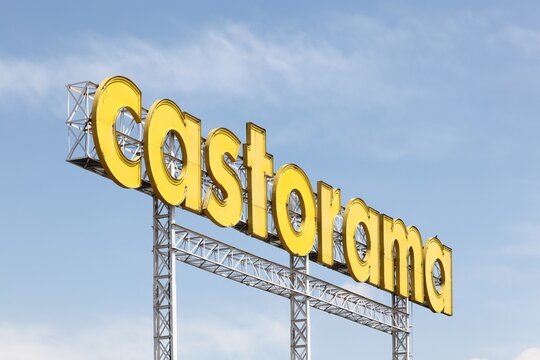 Bron, France - May 16, 2020: Castorama sign on a pole. Castorama is a french retailer of do it yourself and home improvement tools and supplies