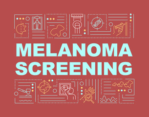 Melanoma screening word concepts banner. ABCDE warning sign. Carcinoma diagnostics. Infographics with linear icons on red background. Isolated typography. Vector outline RGB color illustration