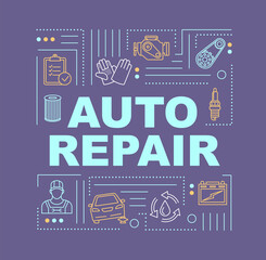Fototapeta premium Auto repair word concepts banner. Preventive maintenance. Mechanical vehicle shop. Infographics with linear icons on blue background. Isolated typography. Vector outline RGB color illustration