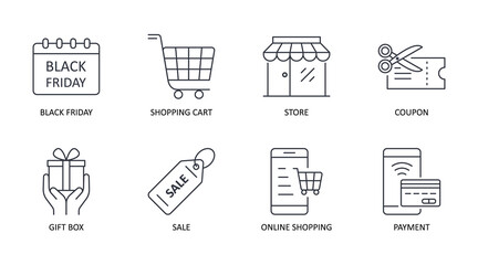Fototapeta premium Vector Black Friday icons. Holiday sale icon symbol editable stroke. Shopping cart calendar store coupon. Gift box sale online shopping payment