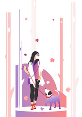 Walking the dog in the fall. A woman in a mask walking among the trees with her dog. Flat raster illustration.