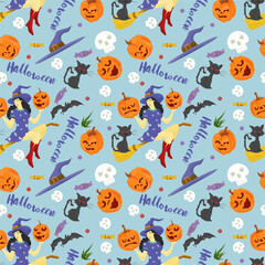 seamless design pattern for all saints eve Halloween Witch flying on a broom black cat pumpkins and lettering flat vector illustration