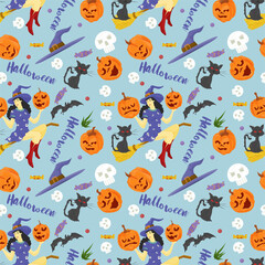 seamless design pattern for all saints eve Halloween Witch flying on a broom black cat pumpkins and lettering flat vector illustration