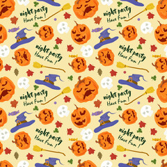 Fototapeta premium seamless pattern for holiday design all saints eve Halloween pumpkin hats witches broom flat vector illustration