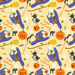 seamless pattern for holiday design all saints eve Halloween Pumpkins Black cat witch hat and lettering flat vector illustration