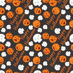 seamless pattern for holiday design all saints eve Halloween Pumpkins skulls and lettering flat vector illustration