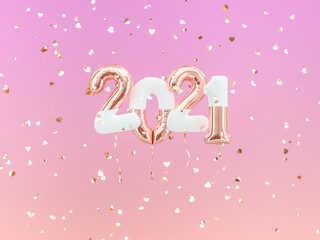 Happy New year 2021 Gold foil balloons numeral 2021 and falling heart shape confetti on pink background. 3d rendering