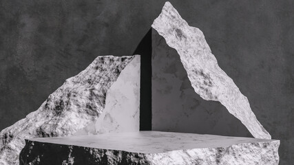 Product setting podium rough stone slabs, marble counter concrete table and stone shelves, grunge texture blocks object placement, 3d rendering,