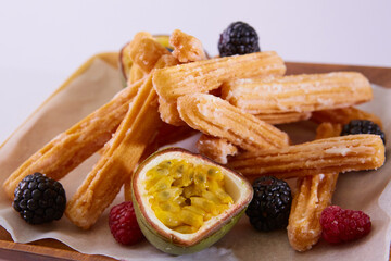 Fried Churros or Spanish Donuts. Shallow dof.