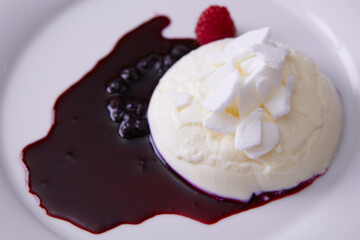 panna cotta on white plate with berry sauce