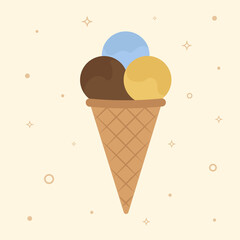 Ice cream cone vector illustration. Three colorful balls of ice cream in a waffle cone. Flat style