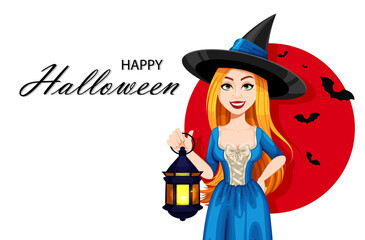 Happy Halloween. Beautiful witch cartoon character